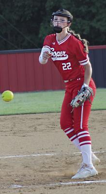 ABBY JOHNSON turned in an outstanding game for Soper’s Lady Red Bears in their game against Wright City last week. Johnson allowed only three hits and fanned five batters to lead Soper to an 8-0 shutout. Coach Debo praised Johnson: “She did a great job of keeping Wright City off balance and our defense made plays behind her.” Brian Moore Photo
