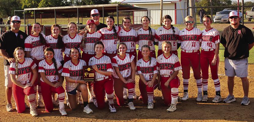 SOPER’S LADY RED BEARS brought home another District softball title last week (details below). Team members include: (back, l-r) Coach Clay Mack, Kambryn Casella, Hadley Campbell, Emalyn Searles, Kinlee Carriger, Coach Mark Hammock, Abby Johnson, Aibree West, Alexis Hill, Kobi Rice, Kabrey Harless, Aubrey Harless and Head Coach Brandon Debo. (Front, l-r): Clacee Mack, Embery Ensey, Alexia Rouse, Kady West, Ava Bunn, Kaylea Potter and Clacie Marsh. Courtesy Photo / Brian Moore