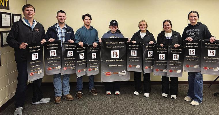 Eastern Oklahoma State College meat judging team members Eli Whitney (left), Dylan Neely, Robert Kincade, Averie Bain (third from right), Bailyn Hill and Gracie Ward pose with their awards along with coach Jade Edwards (middle).