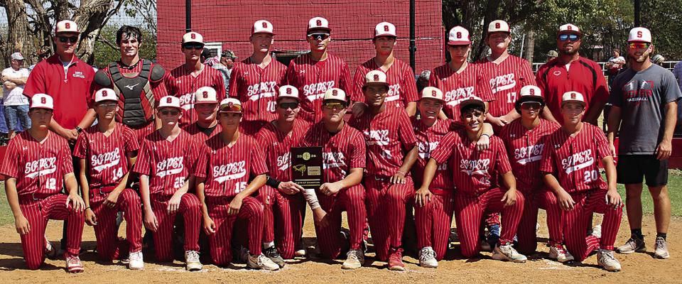 MEMBERS OF THE SOPER RED BEARS’ DISTRICT CHAMPIONSHIP TEAM for 2026 include: Ethan Voorhees, Caydin Carter, Dallin Gilbert, Wylie Marsh, Levi Bailey, Easton Gilbert, Teagan Stacy, Landry Boling, Alijah Thomas, Tristain Foster, Tucker Harless, Trayser Adams, Dally Hutson, Denny Stacy, Mason Moore, Tuff Priddy, Preston Garrett, Michael White and Ryland Connot. Coaches include Seth Springfield, John Carter and Curtis Wisener. Brian Moore Photo