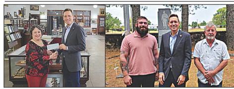 Receiving a donation for the Frisco Depot Museum is depot president Donna Head from Lt. Governor Matt Pinnell (left). Lt. Governor Matt Pinnell, Terry Griffin and Weston Neil are pictured at Mt. Olivet Cemetery (right).