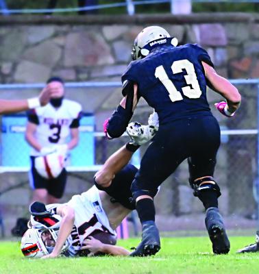 ZAVEN SINIGA has impressed Hugo Buffalo coaches and fans throughout the 2025 football season and has led the defense almost every week in tackles, always in double figures. Against District leader Kingston Friday, Siniga again stood out with 13 tackles for the Buffaloes. He is rated No. 5 in the District in total tackles with 88. Hugo News Photo / Stan Stamper