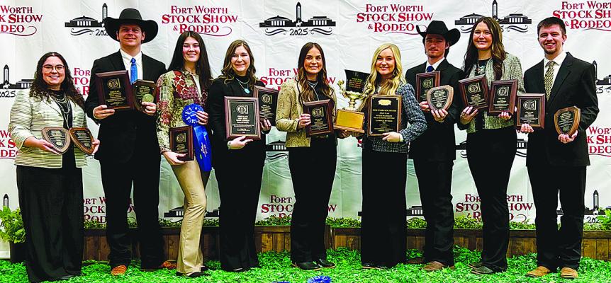 Eastern Oklahoma State College Meat Judging Coach Jade Edwards (left), Eli Whitney, Cadence Myers, Hannah Morphis, Bailyn Hill, Averie Bain, Robert Kincade, Gracie Ward and Dylan Neely pose with their awards after winning the 2025 Southwestern Contest at the Fort Worth Stock Show and Rodeo.