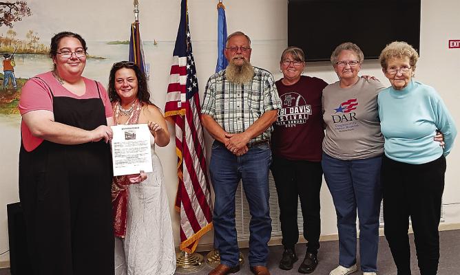 Fort Towson Mayor Tami Barnes along with the city council and the Daughters of the American Revolution, signed a Proclamation Declaring Sept. 17-24 as Constitution Week. Pictured are: Tami, Catrina Evans, Russ Yoxtheimer, Dawn Alvey, Peggy Maeger (DAR), and Patricia Phillips.