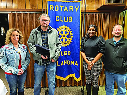 David Reed (center-left), Historical Interpreter at the Fort Towson Historic Site, was the featured guest last week during the Rotary Club meeting, and he presented a fascinating time regarding the history of the fort. He is pictured (l-r) with Rotarians Rochelle Cory, Katrina Bills and Colby Bryant.