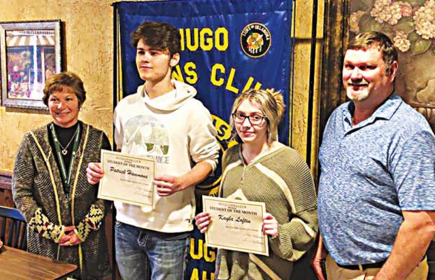 MEMBERS OF the Hugo Lions Club recognized two Students of the Month from the Hugo High School Leo Club - Patrick Hammons and Kayla Loftin (also pictured are Mrs. Lori Hicks, HHS Counselor and Mr. Greg Holt, HHS Principal).