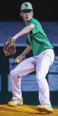 BEN ELLIS rocks to throw a pitch to a Hugo Batter in Rattan’s 8-0 win last Thursday.