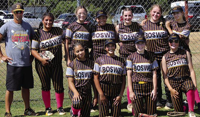BOSWELL’s Lady Scorpions include: (front l-r) Jimena Avalos, Kansas West, Kaidence Walker. (Back l-r) Coach Randall Copeland, Abby Simes, Kaydence West, Brea Williams, Addy Testerman, Rilee Ribera, and Draven Moore.
