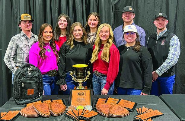 Back row: Robert Kincade (left), Cadence Myers, Gracie Ward, Eli Whitney, Dylan Neely. Front row: Bailyn Hill (left), Hannah Morphis, Averie Bain, Coach Jade Edwards.