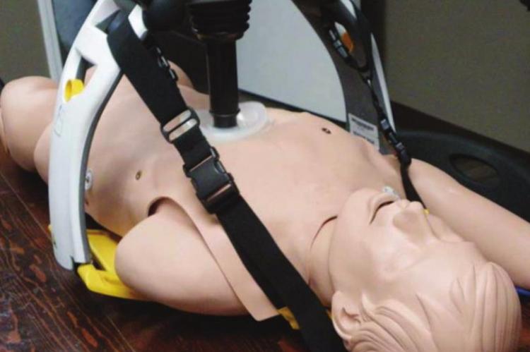 A DEMONSTRATION of a LUCAS Chest Compression System is shown in the training room of the Choctaw County Ambulance Authority earlier this month. The system works hands free once started. Photo Courtesy / Sonya Campbell