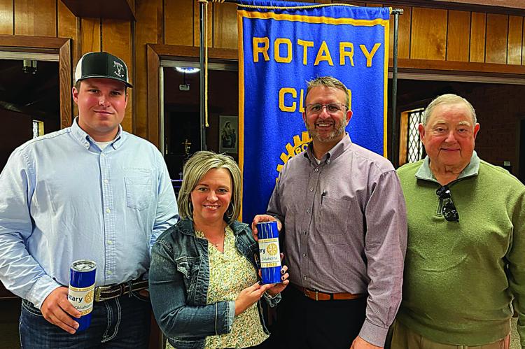 Kooney Duncan (center-right) was the guest speaker recently at the Hugo Rotary Club meeting. As CEO of Choctaw Electric Cooperative, he gave the group updates on growth in southeast Oklahoma and how CEC has addressed the challenges and opportunities it brings. He is pictured here (l-r) with CEC Board Member Jackson Ferguson, Club Treasurer Amy White and Rotarian Bruce Akard.