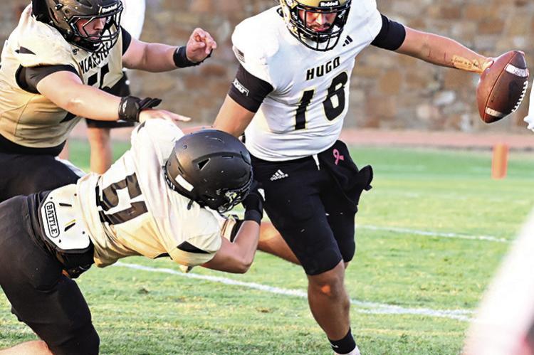 BUFFALO QUARTERBACK JAYKA SANTILLAN has been the Hugo Buffaloes most productive offensive weapon this season. Santillan abilit to run or pass keeps opposing defenses on their toes. Hugo News Photo / Stan Stamper