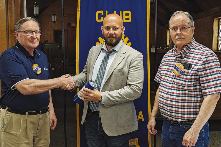 Joseph Silk (center), Field Representative for Congressman Josh Brecheen (Oklahoma, 2nd District), spoke to the Hugo Rotary Club recently, specifically about the border and the budget, two very important items to Congressman Brecheen. He is pictured here (l-r) with Club President Alan Cowley and Rotarian Jerry Beach.