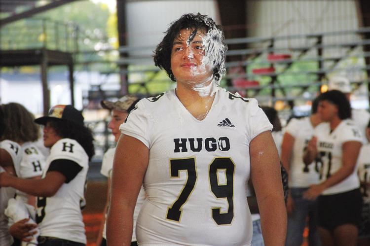 HUGO BUFFALO FRESHMAN Milo Ribiero, carries the mark of being an official recipient of a pie in the face during the team’s 2022 Pie Throwing fundraiser Friday. Each year fans and family members join team members and coaches to pick someone to be their pie-in-the-face target... and they pay for the opportunity! Hugo News Photo / Kelli Stacy