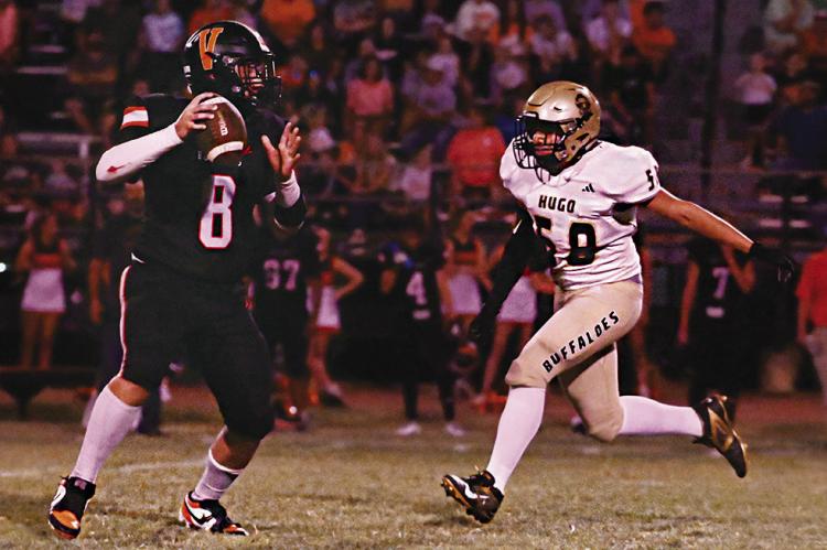 DANIEL BARGER kept pressure on the Valliant defense and its quarterback all night long by crashing across the O-Line from his right defensive end position. Hugo News Photos / Stan Stamper