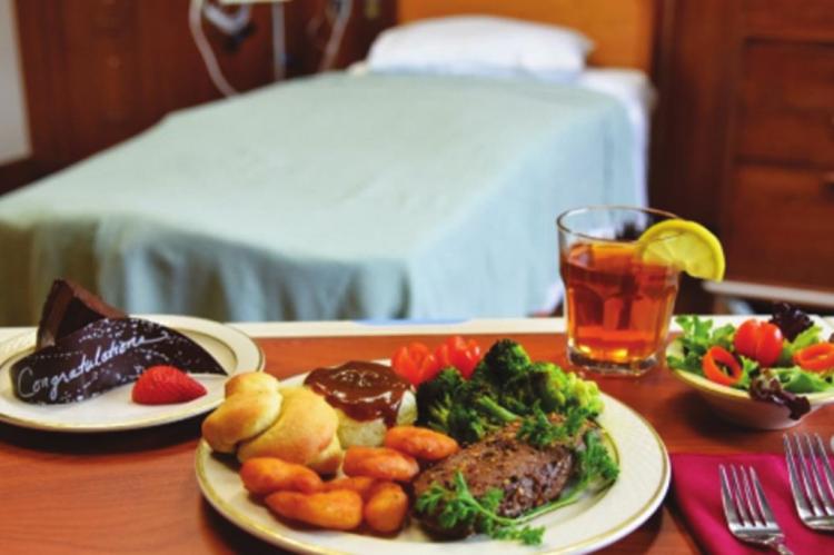 A gourmet meal of steak, shrimp, salad, vegetables, and chocolate cake awaits new mothers who give birth at Choctaw’s Talihina Hospital. Photo Courtesy / Kendra Sikes