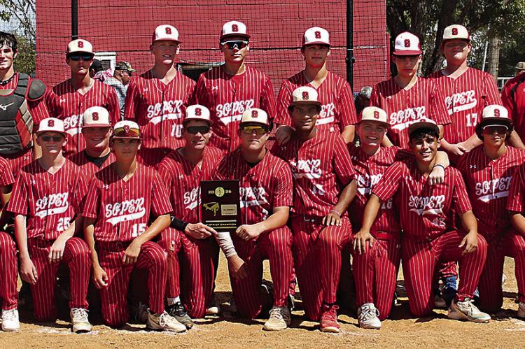 MEMBERS OF THE SOPER RED BEARS’ DISTRICT CHAMPIONSHIP TEAM for 2026 include: Ethan Voorhees, Caydin Carter, Dallin Gilbert, Wylie Marsh, Levi Bailey, Easton Gilbert, Teagan Stacy, Landry Boling, Alijah Thomas, Tristain Foster, Tucker Harless, Trayser Adams, Dally Hutson, Denny Stacy, Mason Moore, Tuff Priddy, Preston Garrett, Michael White and Ryland Connot. Coaches include Seth Springfield, John Carter and Curtis Wisener. Brian Moore Photo