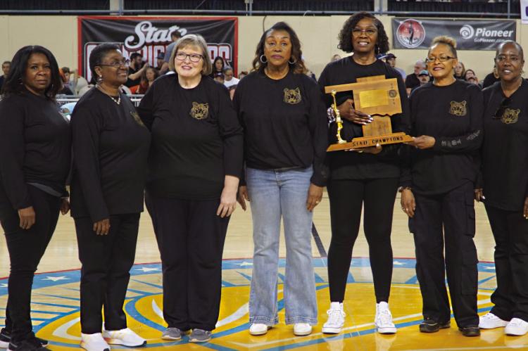 FORT TOWSON LADY TIGER LEGENDS! — Shirley Williams, Pat (Jefferson) Jones, Terry Smith, Diane (Knight) Ray, Belinda (Candler) Copeland, Sharon Tucker and Hettie Davis. All recognized last week at the State Playoffs, for their historic 1974 Championship run!