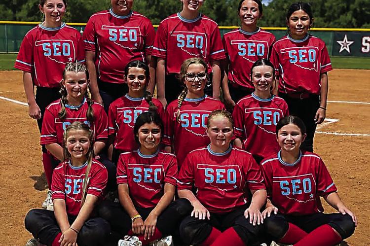 THE SOUTHEAST OKLAHOMA 10U team recently travelled to Brownfield, Texas, where they won all three tournament games. Members of the team include: Baylee Reynolds, Brinlee Snow, Emerson Robertson, Isabella Barbera, Jaylee Harmon, Jenili Rivera, Kamree Self, Kayden Simpson, Kaylie Russell, Melanie Miller, Paisleigh James, Shiloh Crow, Zoey Crow. Coaches include Silas Crow, Shelbie Crow, Kolton Russell and Paul Crow. Contributed Photo