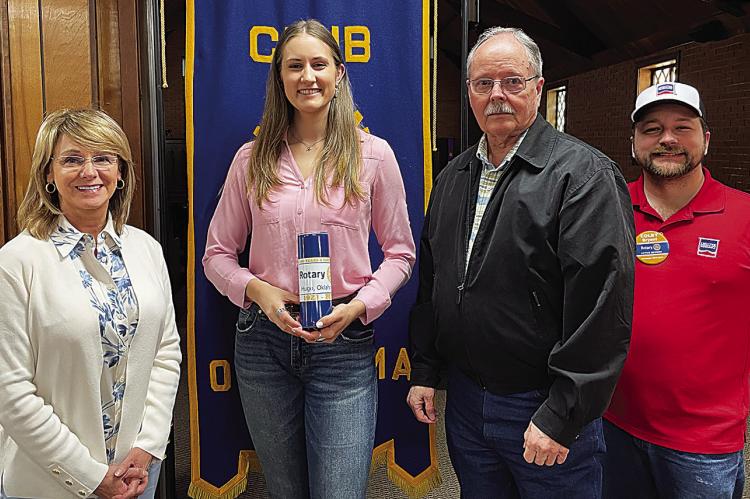 Laramie Cochran (center-left) is Field Representative for US Senator James Lankford, and she gave a great presentation to Hugo Rotary Club recently about the border and other pressing issues. She is pictured here (l-r) with Rochelle Cory, Jerry Beach and Colby Bryant.