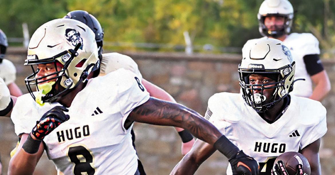 HUGO BUFFALO SENIOR JA’MARI SCROGGINS turned in one of his career best performances on the road at Roland Friday. When he wasn’t racking up two touchdowns for the Buffaloes, he was blocking for teammate DK Jeffries who also had a great night. Hugo News File Photo
