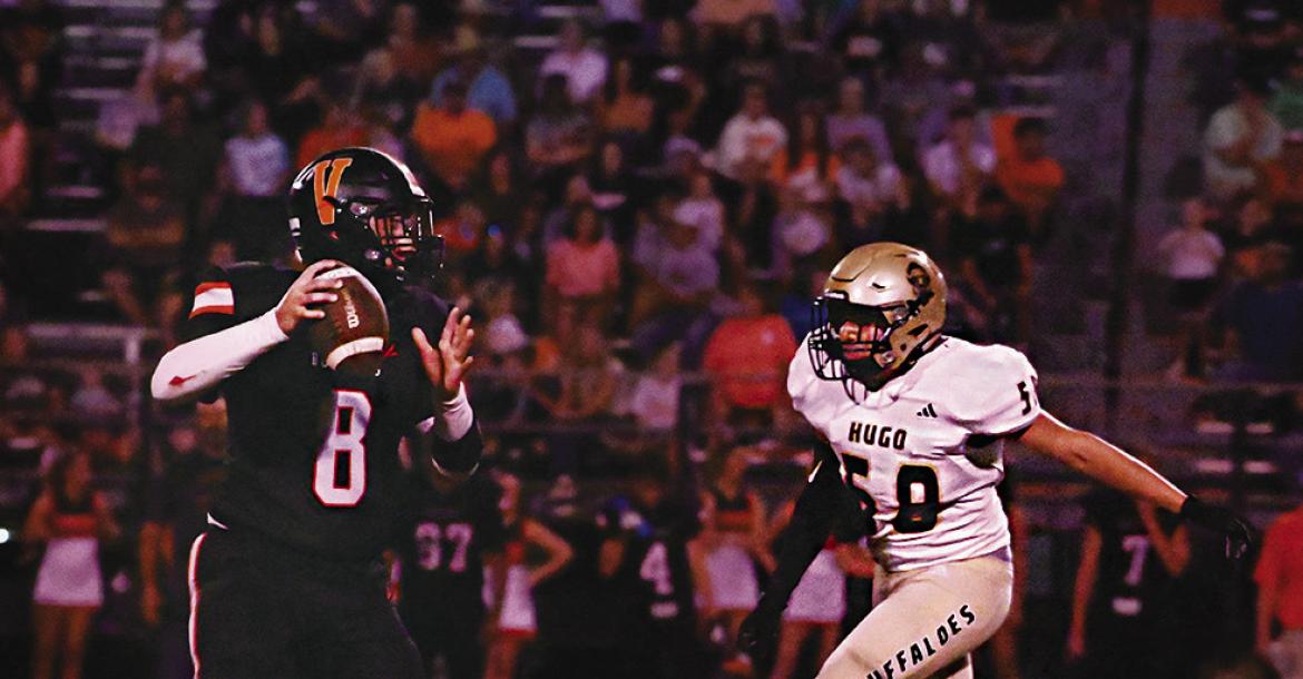 DANIEL BARGER kept pressure on the Valliant defense and its quarterback all night long by crashing across the O-Line from his right defensive end position. Hugo News Photos / Stan Stamper