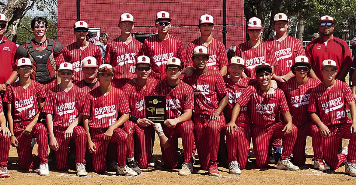 MEMBERS OF THE SOPER RED BEARS’ DISTRICT CHAMPIONSHIP TEAM for 2026 include: Ethan Voorhees, Caydin Carter, Dallin Gilbert, Wylie Marsh, Levi Bailey, Easton Gilbert, Teagan Stacy, Landry Boling, Alijah Thomas, Tristain Foster, Tucker Harless, Trayser Adams, Dally Hutson, Denny Stacy, Mason Moore, Tuff Priddy, Preston Garrett, Michael White and Ryland Connot. Coaches include Seth Springfield, John Carter and Curtis Wisener. Brian Moore Photo