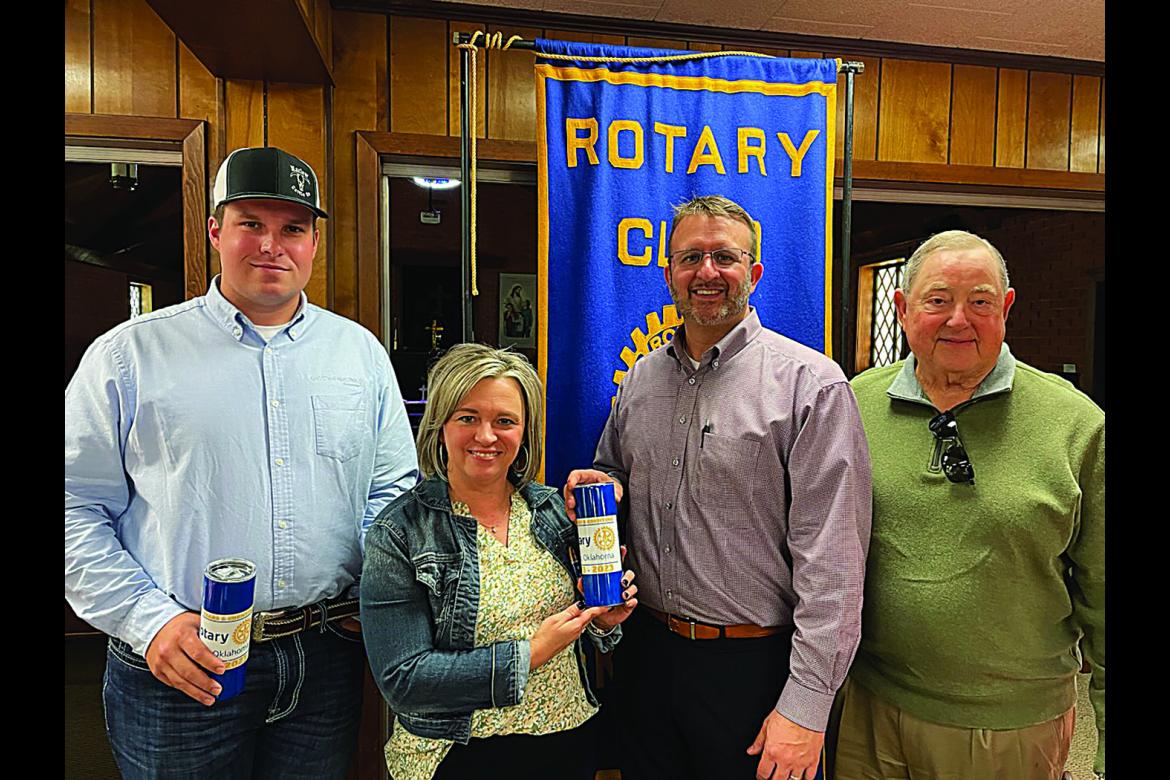 Kooney Duncan (center-right) was the guest speaker recently at the Hugo Rotary Club meeting. As CEO of Choctaw Electric Cooperative, he gave the group updates on growth in southeast Oklahoma and how CEC has addressed the challenges and opportunities it brings. He is pictured here (l-r) with CEC Board Member Jackson Ferguson, Club Treasurer Amy White and Rotarian Bruce Akard.
