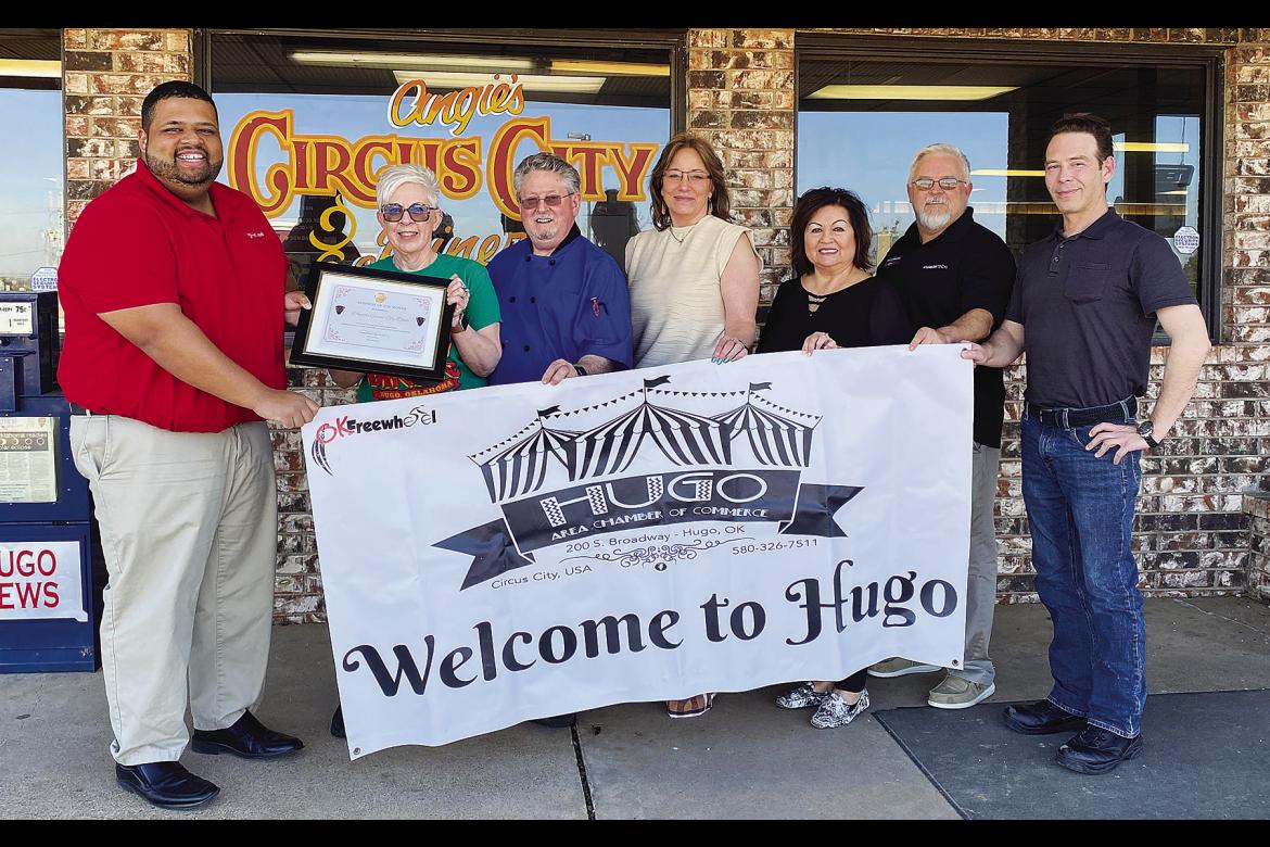 Pictured are: Chamber President Ernest McCarty, Angie’s owners Angie and Randy Cook, Chamber Treasurer Valerie Powell, and Chamber board members Gwen Coffman, Tracy Stonebarger and Chris Cannon.