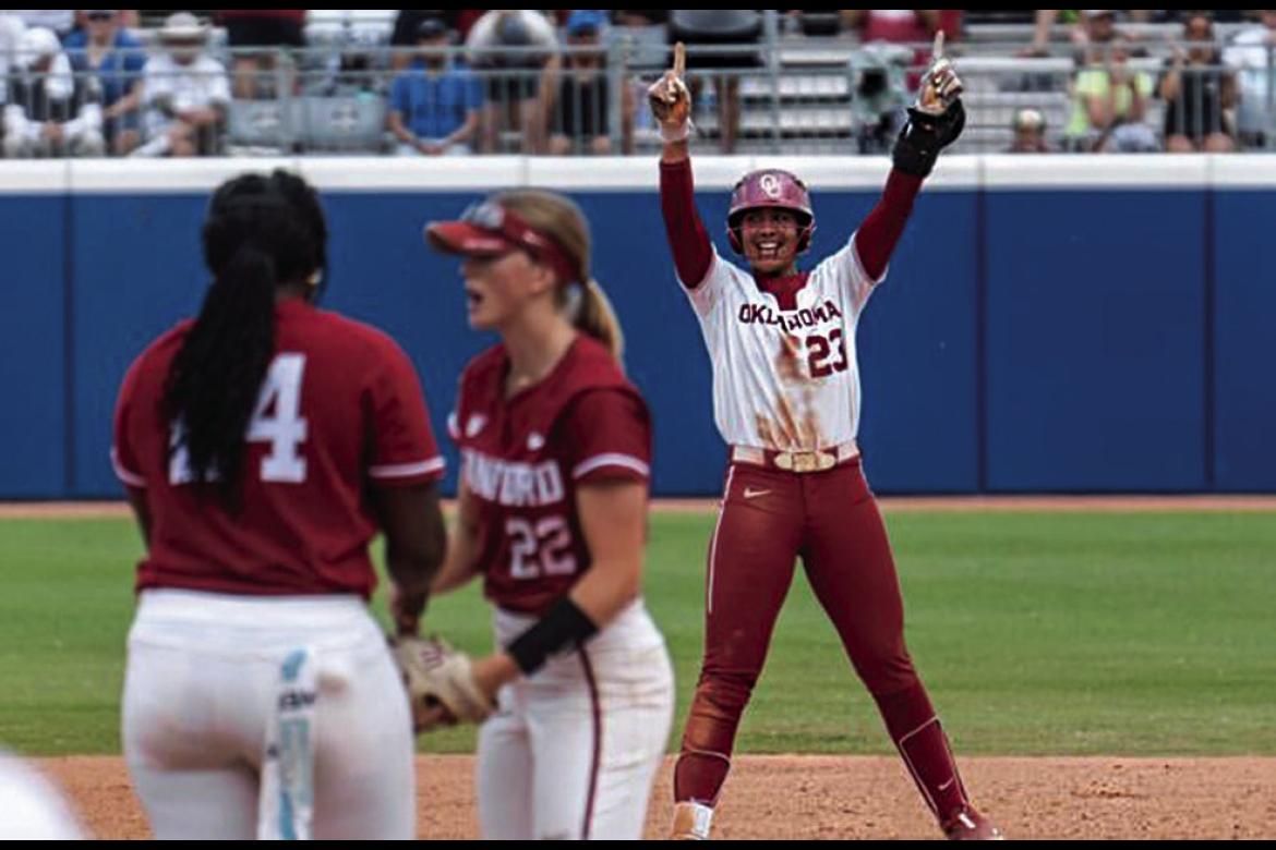 OU SLUGGER TIARE JENNINGS celebrates her late double against a very tough Stanford team to extend the Sooners’ D-1 record winning streak and advance to the WCWS Finals Wednesday in Oklahoma City against Florida State.