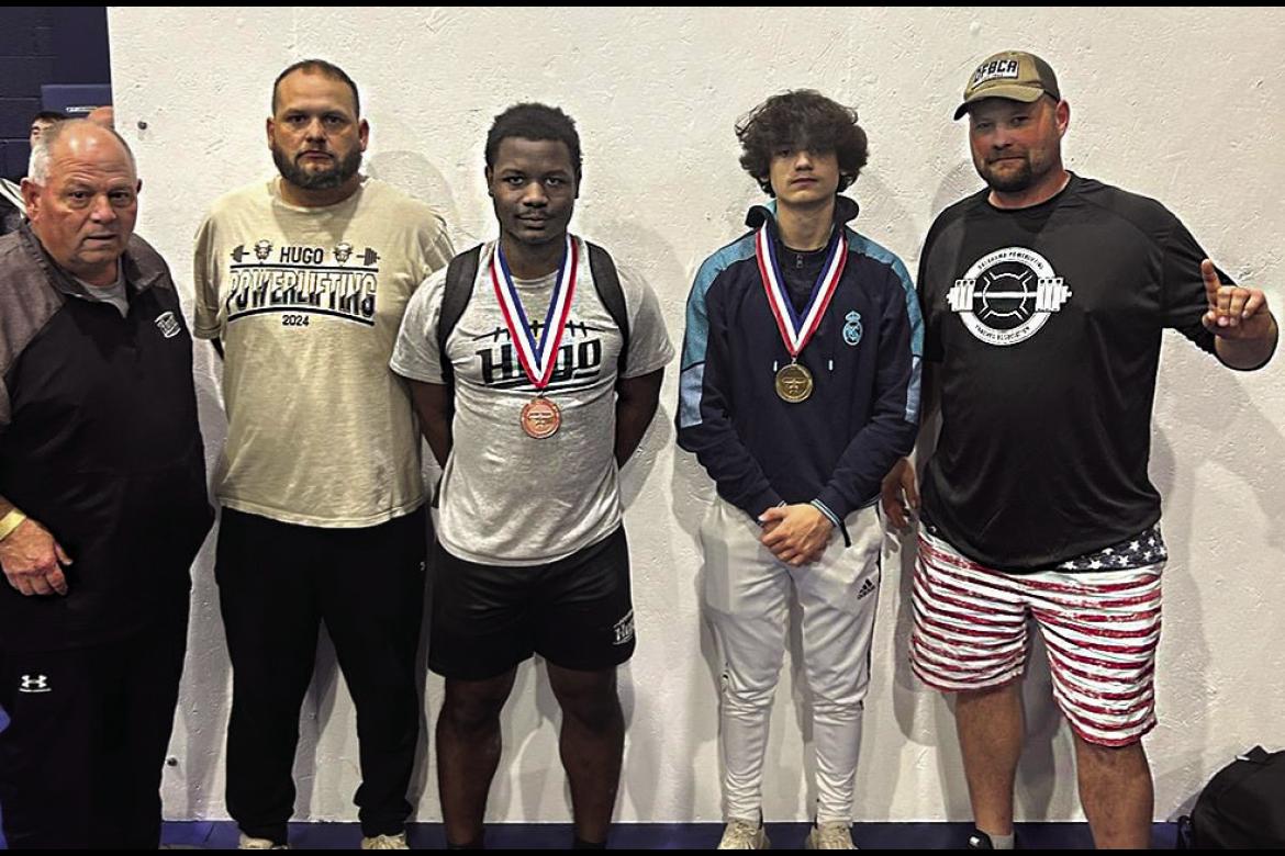 HUGO BUFFALO WEIGHTLIFTERS Da’Shon Sims and Noah Allred competed in the STATE Weighlifting Meet last week and brought back Medals to the Hugo Buffalo program! Pictured above are Coach Mark Rose, Ralph Allred, Da’Shon Sims, Noah Allred and Coach Krystopher Gross. Sims finished fifth at State in the 220 pound weight class. Allred finished third at State in the 132 pound weight class.