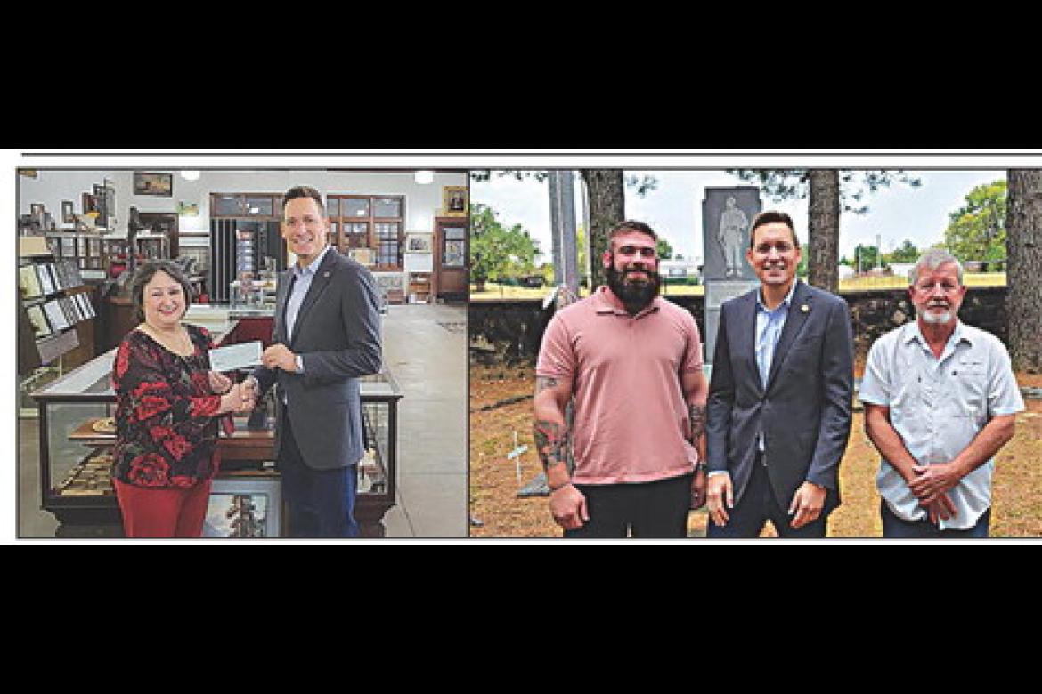 Receiving a donation for the Frisco Depot Museum is depot president Donna Head from Lt. Governor Matt Pinnell (left). Lt. Governor Matt Pinnell, Terry Griffin and Weston Neil are pictured at Mt. Olivet Cemetery (right).