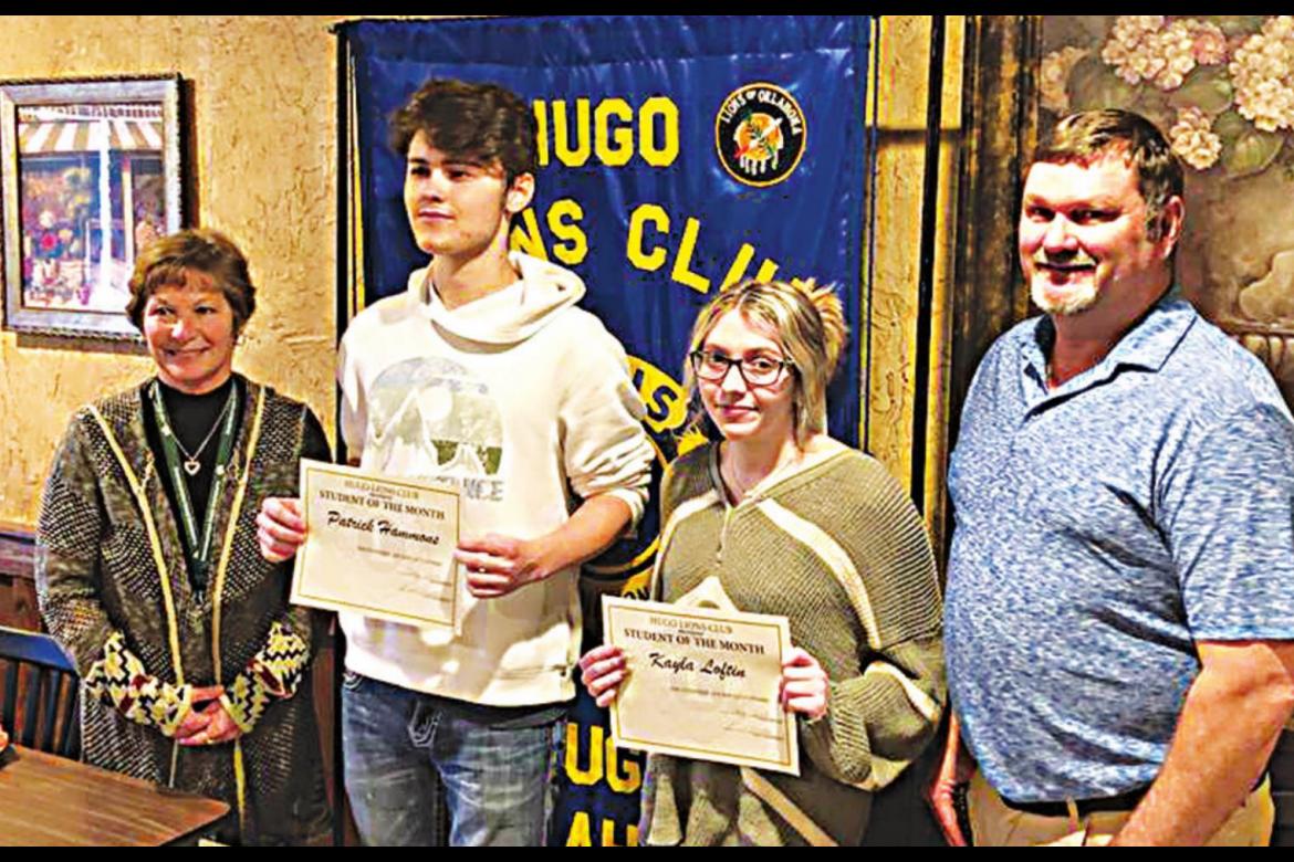 MEMBERS OF the Hugo Lions Club recognized two Students of the Month from the Hugo High School Leo Club - Patrick Hammons and Kayla Loftin (also pictured are Mrs. Lori Hicks, HHS Counselor and Mr. Greg Holt, HHS Principal).
